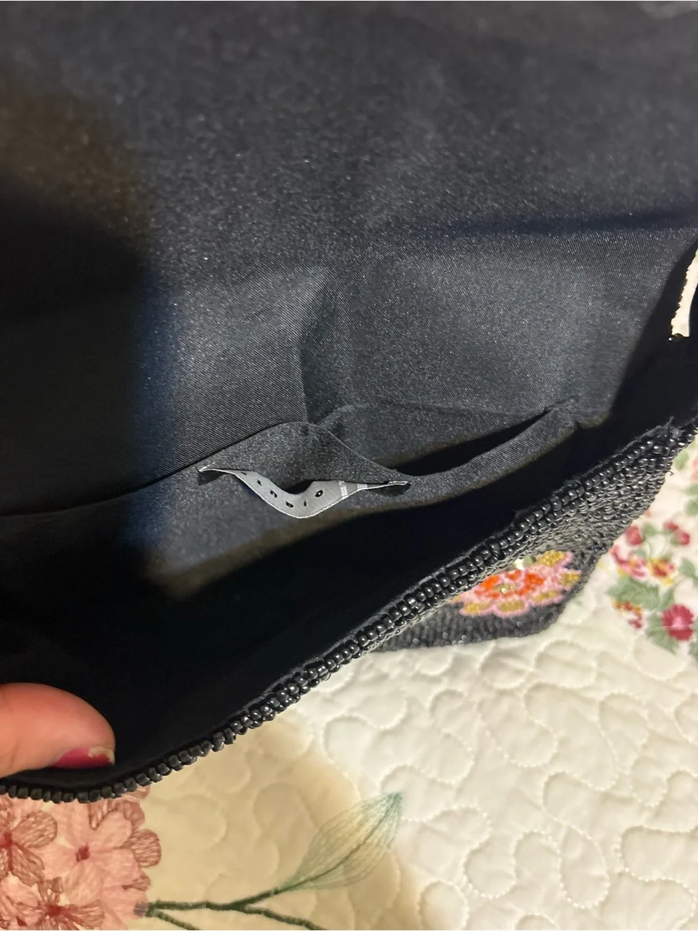 Hand-Beaded Black Floral Evening Shoulder Bag